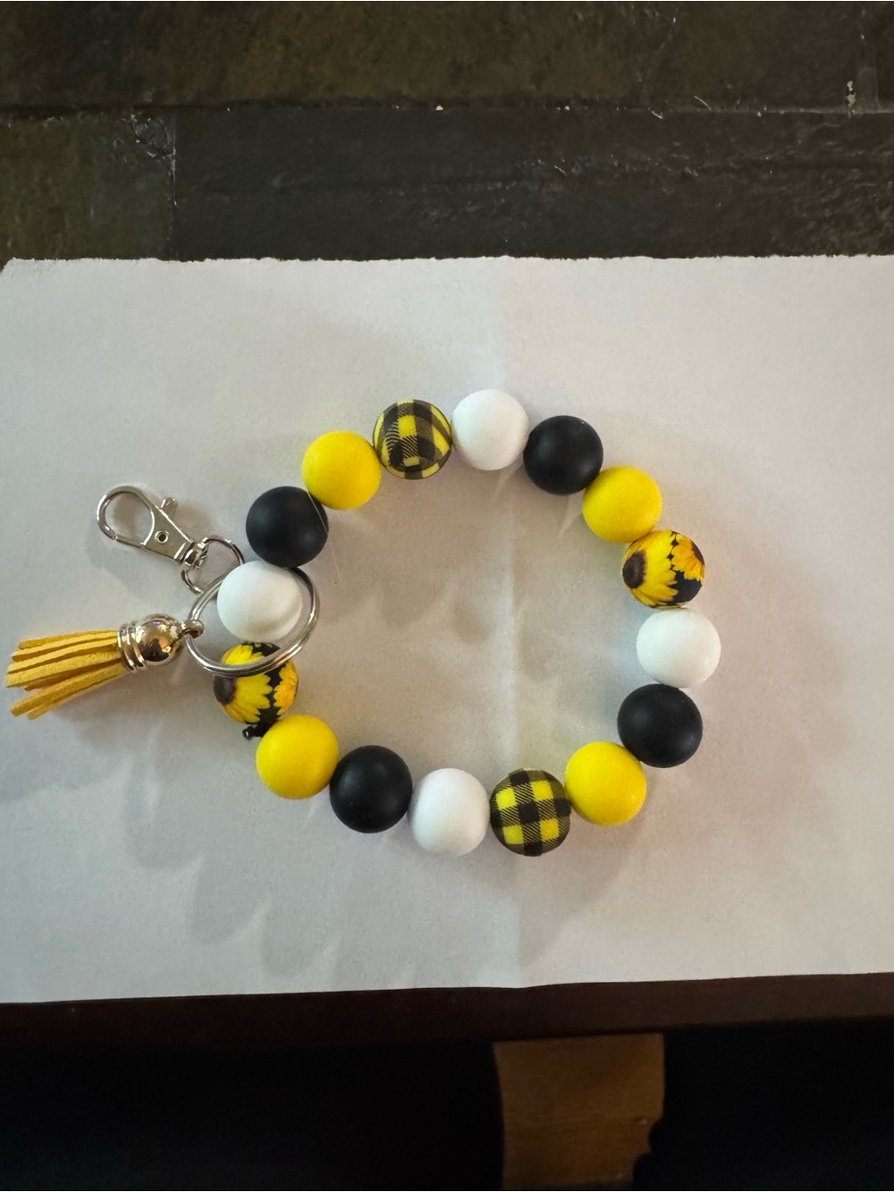 Yellow Black White Beaded Kids Keychain Bracelet with Tassel